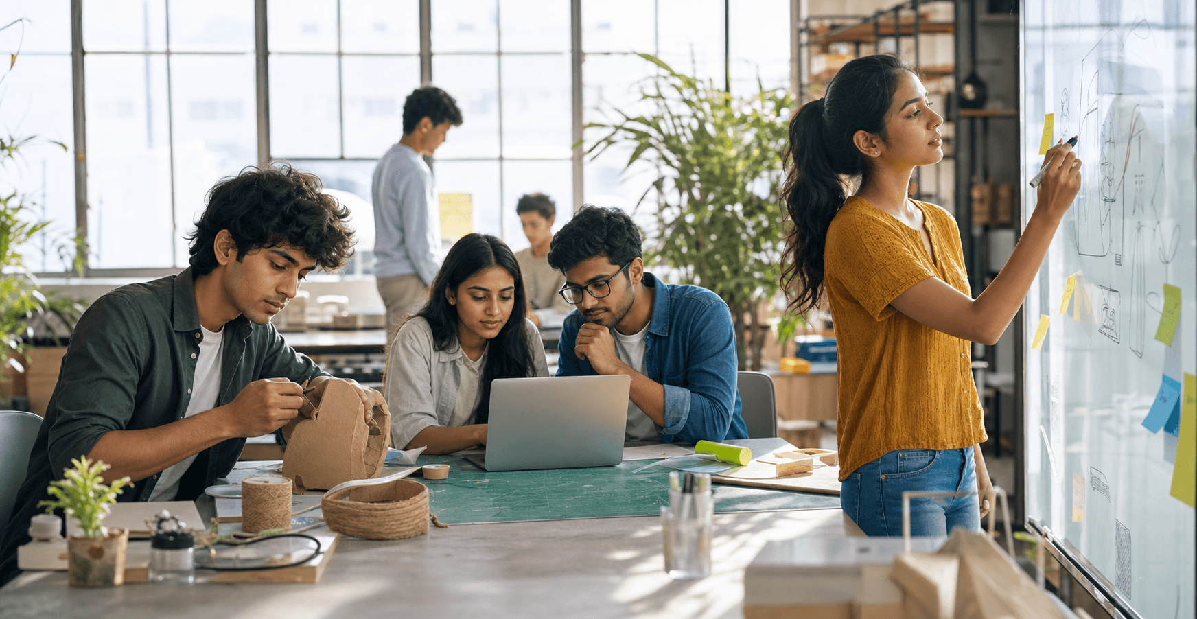 Young Indian innovators collaborating in a sustainable entrepreneurship lab.